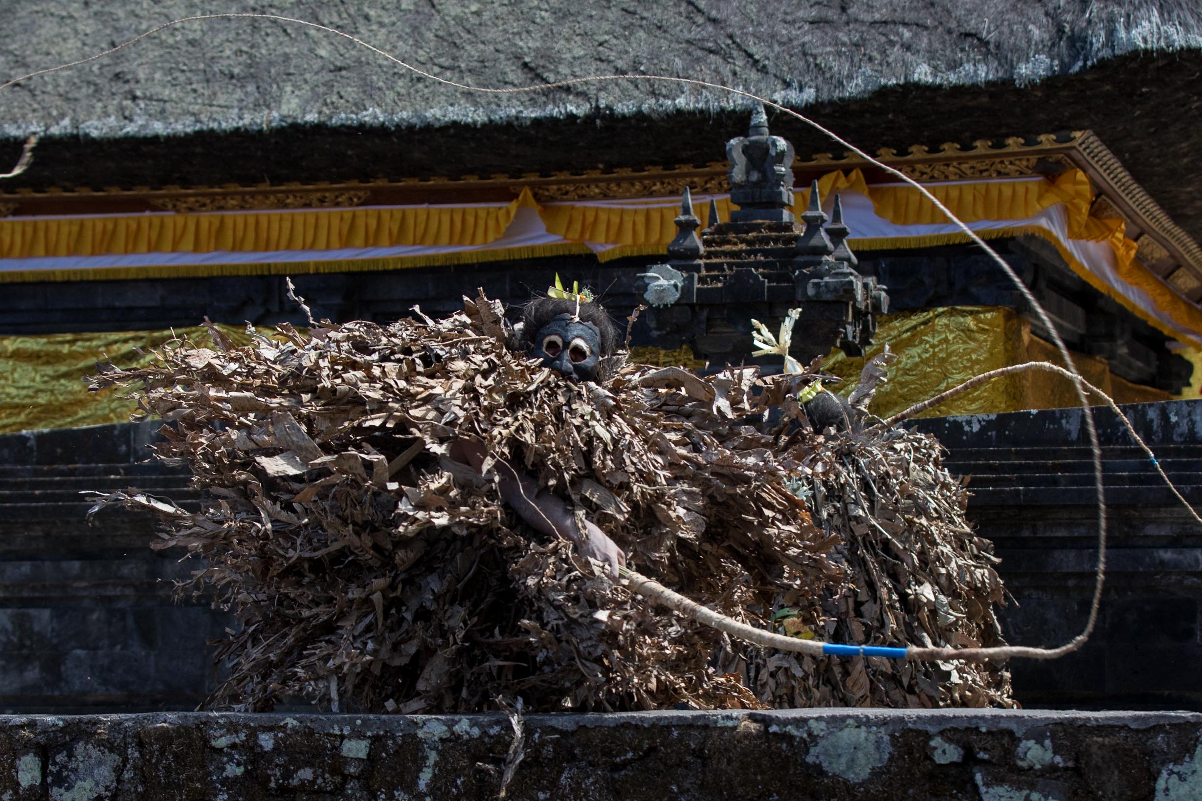 Barong Brutuk dancer whipping crowd during Trunyan ritual ceremony